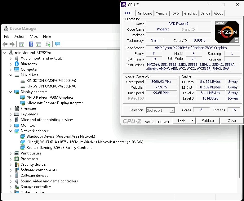 CPU-Z interface displaying AMD Ryzen 9 7940HS processor information and system details